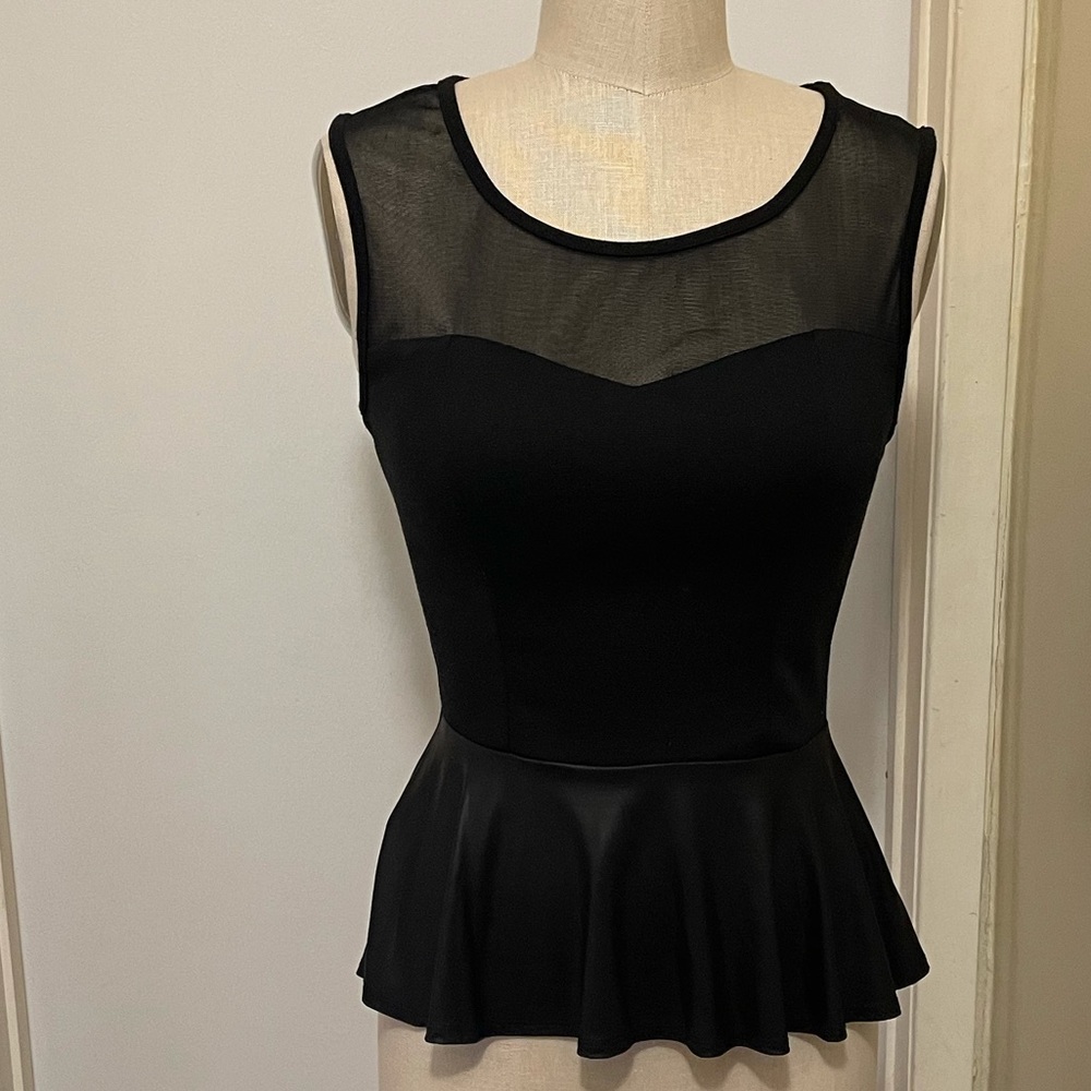 Mesh Trim Faux Leather Peplum Top